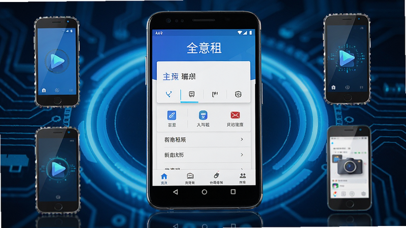 展示“全意租”APP在安卓手机上的运行界面,手机屏幕显示主菜单,周围环绕着手机硬件图标,背景为科技感蓝色光晕,风格写实,细节清晰,高清画质,无多余装饰