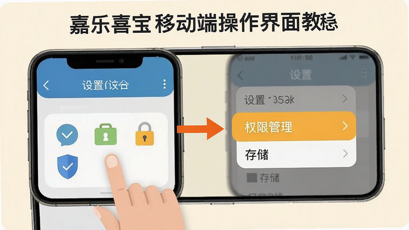 绘制嘉乐喜宝移动端操作界面教程图,展示手机屏幕,手指点击图标,屏幕显示设置菜单,高亮“权限管理”和“存储”选项,风格简洁明了,箭头指示操作路径,背景浅色,文字清晰,无多余装饰,高清矢量图,易于理解