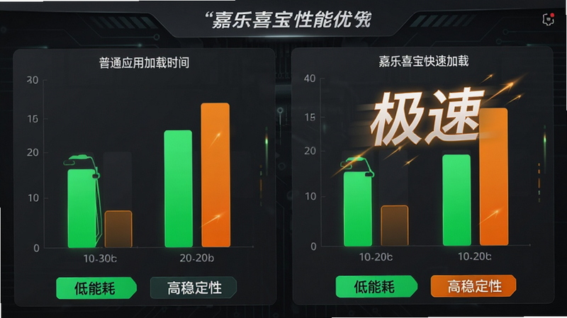 展示嘉乐喜宝性能优化的对比图表,左侧为普通应用加载时间柱状图,右侧为嘉乐喜宝的快速加载柱状图,突出显示“极速”字样,背景为深灰色科技风,数据条使用亮绿色和橙色对比,下方有“低能耗”、“高稳定性”标签,风格专业严谨,高清细节,无水印,现代UI设计
