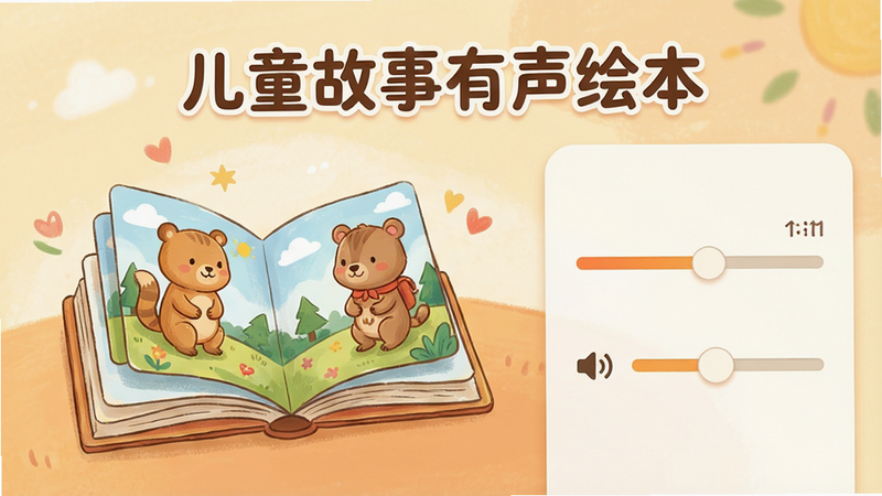 主体为一款名为“儿童故事有声绘本”的手机APP界面,布局采用左右分栏结构,左侧展示一本打开的立体绘本插画,右侧显示播放进度条和音量调节滑块,排版简洁大方,风格为温馨卡通手绘风,细节包含柔和的暖色调背景和可爱的动物角色,画质高清细腻,干净无多余元素,文字“儿童故事有声绘本”位于顶部居中,字体圆润可爱