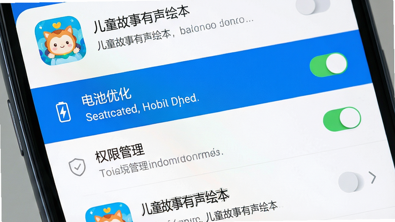 主体为手机系统设置界面,布局为列表形式,高亮显示“电池优化”和“权限管理”选项,排版清晰直观,风格为现代UI设计,细节包含开关按钮和说明文字,画质清晰,干净无多余元素,文字“儿童故事有声绘本”出现在应用列表中,字体清晰