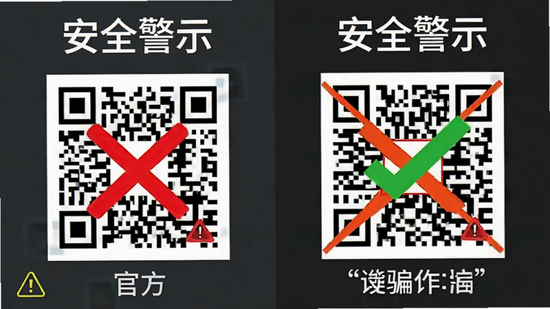 对比图,左侧为官方正规二维码,右侧为带有警示符号的疑似诈骗二维码,布局左右对照,风格警示提示,细节体现红色叉号与绿色对勾,画质清晰,干净,无多余元素,文字“安全警示”