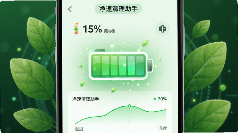 主体为一个发光的电池图标位于手机屏幕中央,净速清理助手的电池优化界面,显示电池百分比和温度曲线图,周围有叶子元素代表环保节能,布局上下结构,排版清晰易读,风格为绿色生态科技风,细节处有电池电量格动画,画质细腻,干净,无多余元素,文字标注
