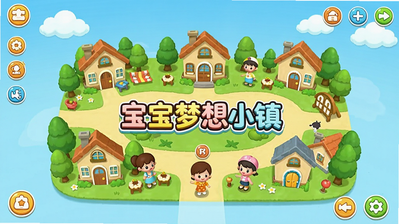 主体为宝宝梦想小镇的游戏主界面全景,布局清晰展示小镇地图与角色入口,排版采用卡通扁平化风格,细节丰富包含房屋树木与NPC角色,画质高清,色彩鲜艳明亮,干净无多余元素,文字