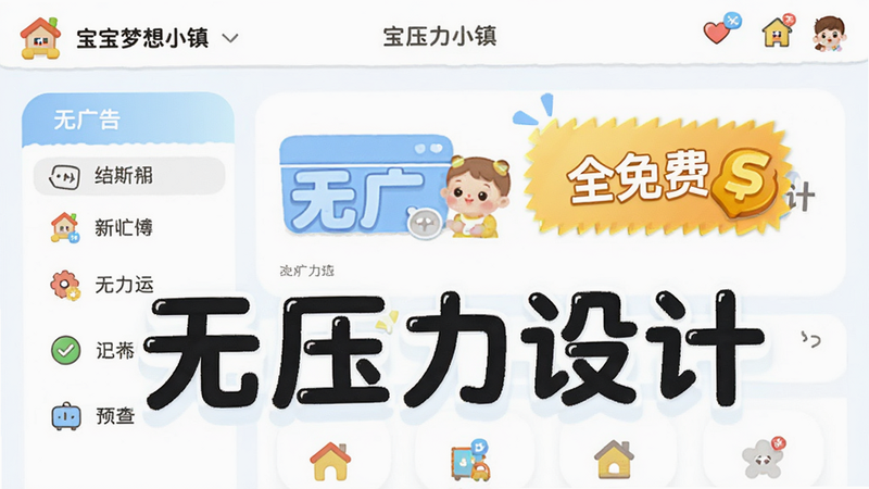 主体为宝宝梦想小镇的UI界面截图,布局突出“无广告”“全免费”标识,排版简洁大方,风格清新可爱,细节展示菜单选项与图标设计,画质清晰,背景纯白或浅色系,文字