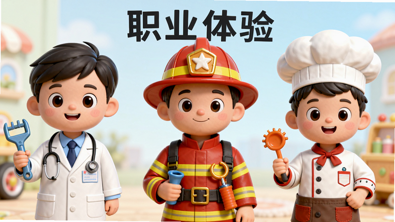 主体为宝宝梦想小镇中的职业角色展示图,布局并排展示医生、消防员、厨师三个卡通形象,排版对称平衡,风格为3D卡通渲染,细节展现角色服饰特征与工具道具,画质精致,背景简洁柔和,文字