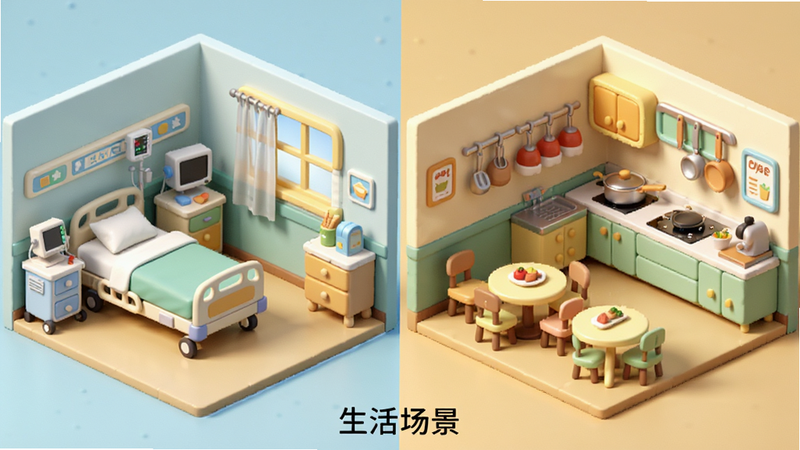 主体为宝宝梦想小镇内的医院与餐厅场景对比图,布局左右分割展示两个室内空间,排版透视合理,风格温馨明亮,细节包含病床、医疗器械、餐桌、厨具等物件,画质细腻,光影效果柔和,文字