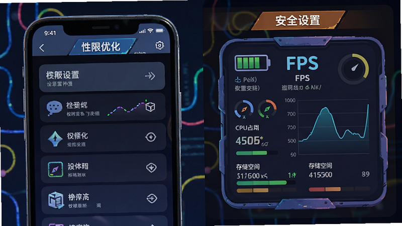 主体为手机设置界面与游戏运行状态监控图,布局上下分层展示权限设置列表与FPS监控面板,排版科技感与卡通风结合,细节包含电池、CPU占用率、存储空间指示器,画质清晰,文字