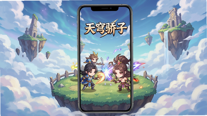 主体为一部竖屏智能手机,屏幕中显示“天穹骄子”游戏的主界面,背景是充满奇幻色彩的云端天空与悬浮岛屿,画面中央有几位Q版动漫风格的角色正在战斗,布局居中,排版整洁,风格为清新二次元,细节丰富,画质高清,干净,无多余元素