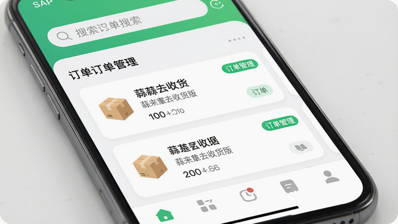 主体为手机屏幕特写,显示“蒜来蒜去收货版”APP界面,布局清晰,顶部为搜索栏,中部为订单列表卡片,底部为导航栏,风格为现代简约扁平化,细节包含包裹图标、绿色状态标签,文字显示“订单管理”,画质高清,干净,无多余元素