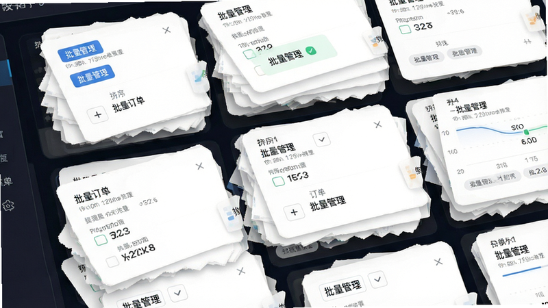 主体为数据看板界面,显示多个订单卡片堆叠,布局为网格状,排版紧凑有序,风格为商务简洁,细节包含排序按钮、筛选标签,文字显示“批量管理”,画质高保真,干净,无多余元素