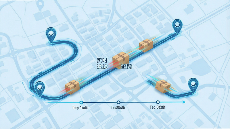 主体为物流地图示意图,背景为淡蓝色城市地图,路径上有动态包裹图标移动,布局居中,排版简洁,风格为科技感线条,细节包含定位标记、时间轴节点,文字显示“实时追踪”,画质清晰,干净,无多余元素