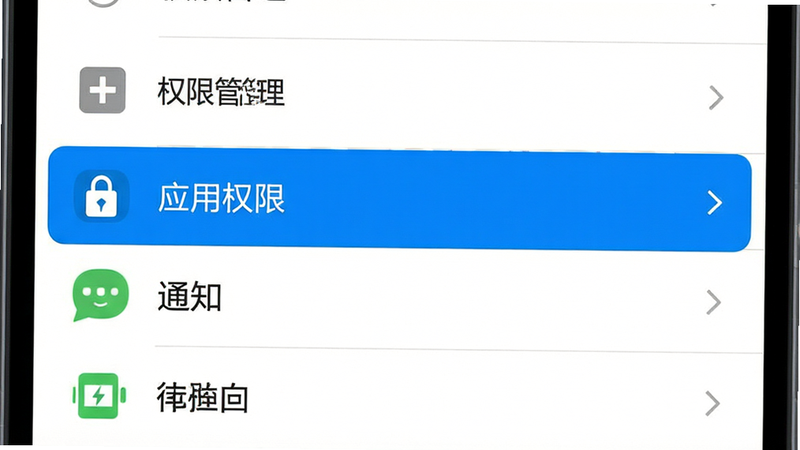 主体为手机设置界面截图,布局为垂直列表,高亮显示“应用权限”选项,包含存储、通知、电池等图标,风格为扁平化UI设计,细节清晰,画质干净,无多余元素,文字“权限管理”清晰可见