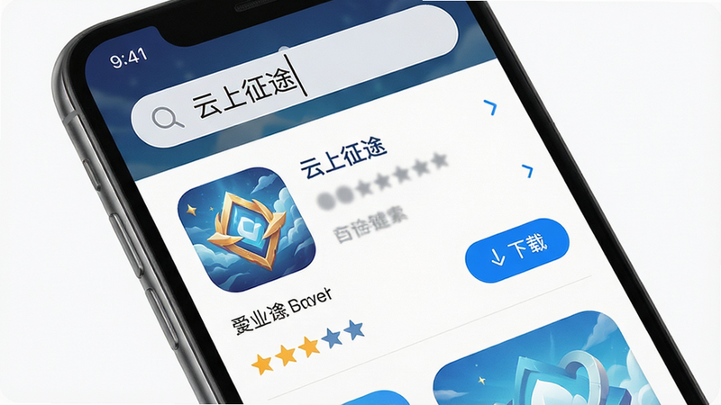主体为手机应用商店界面,布局为顶部搜索栏输入“云上征途”,下方显示应用图标、名称、评分及下载按钮,风格为现代简洁UI,细节清晰,画质高清,干净,无多余元素