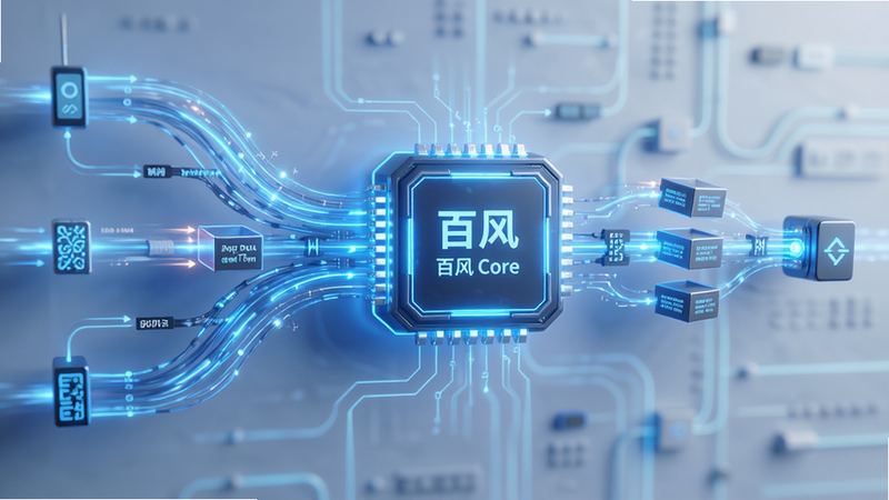 展示“百风”应用内部的高性能处理流程图,主体为动态的数据流线条,从左侧输入端迅速汇聚到右侧输出端,中间经过一个标有“百风 Core”的核心处理模块。布局为横向流线型,排版清晰,风格为科技感强烈的蓝色霓虹线条,细节展示数据包的快速传输,画质高清,干净,无多余文字,仅保留关键标识。