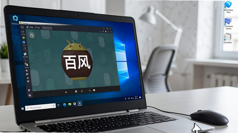 一台笔记本电脑屏幕上显示着安卓模拟器的界面,模拟器窗口中运行着“百风”应用,周围是Windows系统的桌面环境。布局为左侧模拟器窗口,右侧电脑桌面,排版平衡,风格为现代办公环境,细节处展示鼠标指针操作,画质清晰,干净,无杂乱图标。