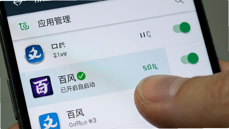 手机屏幕特写,显示安卓系统设置界面,其中“应用管理”列表里高亮显示“百风”应用,旁边有一个绿色的对勾图标表示已开启自启动。布局为左侧应用列表,右侧设置开关,排版清晰,风格为真实的安卓系统UI,细节处有手指点击的动作,画质逼真,干净,无多余图标。