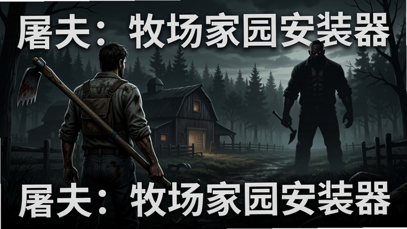 主体为一款名为“屠夫:牧场家园安装器”的安卓游戏宣传海报,布局采用中心构图,左侧展示一名手持农具的幸存者背影,右侧远处隐约可见一个高大的屠夫剪影,背景是昏暗的农场与茂密的树林,排版简洁大气,风格为暗黑写实风,细节丰富,画质4K高清,干净无多余元素