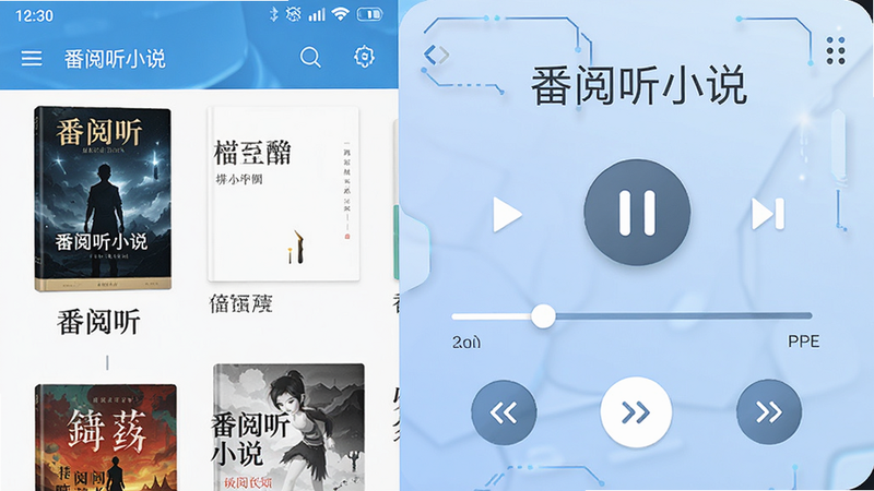 主体为“番阅听小说”安卓应用界面,布局清晰,左侧为书籍列表,右侧为播放控制面板,包含播放、暂停、进度条及倍速调节按钮,排版整洁有序,风格为现代扁平化设计,细节处体现科技感和便捷性,文字“番阅听小说”清晰可见,画质高清,干净无多余元素