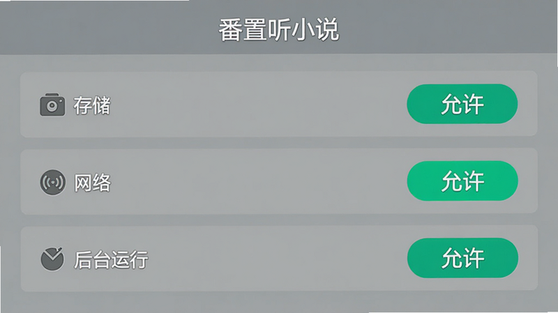 “番阅听小说”设置界面示意图,主体为权限管理列表,包含“存储”、“网络”、“后台运行”等选项,布局清晰,风格扁平化,细节处高亮显示“允许”状态,文字“设置中心”清晰,画质明亮,无复杂背景