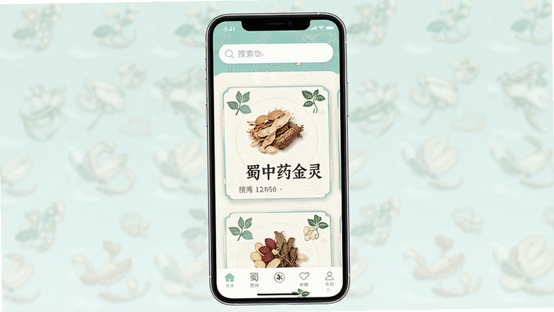 主体展示“蜀中药金灵”APP的高清手机界面截图,布局清晰,顶部为搜索栏,中部展示中药材卡片列表,底部为导航栏。排版整洁有序,风格采用清新国潮风,配色以淡青色和米白色为主,细节处体现中药草本元素图标,画质超高清,干净无多余元素,文字包含“蜀中药金灵”