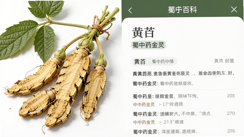 展示“蜀中药金灵”APP内的中药百科详情页,主体为一株黄芪药材的高清渲染图,布局左侧为图片,右侧为文字介绍区域,排版左右分栏,风格写实细腻,细节展示药材纹理,画质细腻,干净无水印,文字包含“黄芪”、“蜀中药金灵”