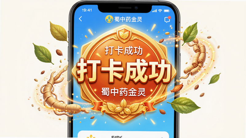 “蜀中药金灵”APP的打卡成功界面,主体为动态徽章特效,布局中心突出显示“打卡成功”字样,周围环绕着中药叶片粒子特效,排版居中对称,风格活泼热烈,细节体现成就感,画质明亮清晰,干净无干扰元素,文字包含“打卡成功”、“蜀中药金灵”