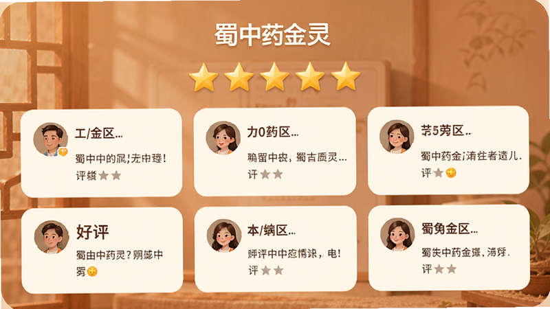 “蜀中药金灵”APP的用户评价界面,主体为五星好评展示,布局为卡片式排列,排版温馨,风格亲切自然,细节展示用户头像与简短评语,画质柔和,干净无杂乱背景,文字包含“好评”、“蜀中药金灵”