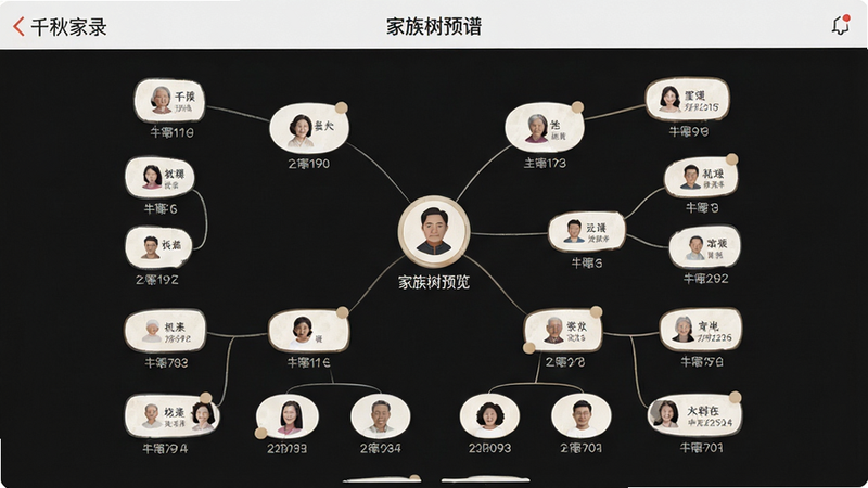 主体是《千秋家录》APP内的家族树图谱界面,布局呈现放射状或层级状结构,中心为祖先节点,向外延伸出各代成员节点,排版逻辑清晰,风格简约大方,细节处显示每个节点旁有简短的人物名称和生卒年份,画质清晰,干净,无多余装饰,文字标注为“家族树预览”