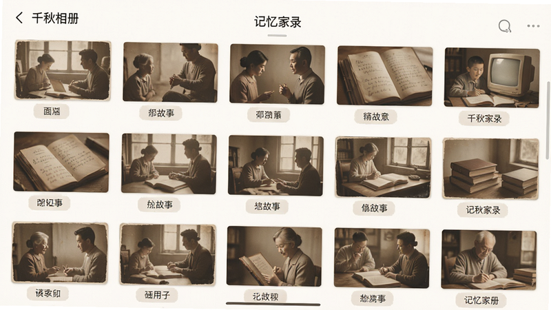 主体为《千秋家录》APP的照片管理页面,布局为网格状相册展示,每张缩略图下方带有简短的故事标签,排版紧凑且留白适中,风格怀旧与现代结合,细节处显示照片上有淡淡的时光滤镜效果,画质精致,干净,无杂乱背景,文字标注为“记忆相册”