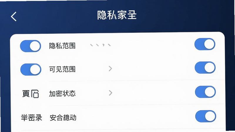 主体是《千秋家录》APP的权限设置界面,布局为列表式开关选项,背景为深蓝色调以体现安全稳重,排版规整,风格专业严谨,细节处显示“可见范围”、“加密状态”等选项被勾选,画质高清,干净,无多余图标干扰,文字标注为“隐私安全”