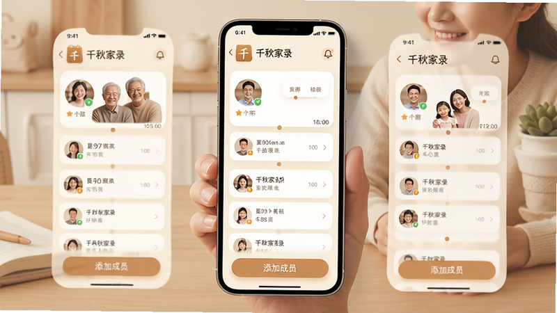 主体为《千秋家录》APP的主界面展示,布局采用卡片式流式设计,背景为淡雅的米白色,排版整齐有序,风格温馨现代且具备科技感,细节处包含家庭成员头像、时间轴列表及“添加成员”按钮,画质高清,干净无多余元素,文字标注为“千秋家录”,无水印