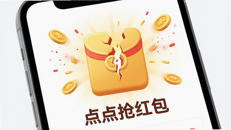 主体为手机屏幕特写,显示“点点抢红包”APP界面,布局简洁,中央有巨大的金色红包图标正在破裂散发光芒,排版居中对称,风格为扁平化卡通与3D结合,细节丰富如金币飞溅、红色粒子特效,画质高清,干净背景,无多余元素,文字“点点抢红包”清晰可见