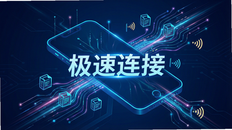 主体为数据流可视化概念图,背景为深蓝色科技风,线条汇聚成手机轮廓,布局流动感强,排版无网格限制,风格赛博朋克,细节包含光速线条与数据包图标,画质锐利,干净背景,无多余元素,文字“极速连接”高亮显示