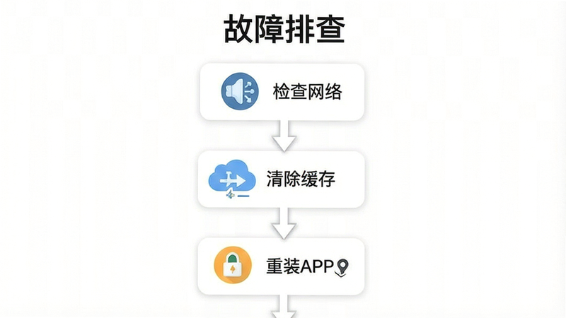 主体为故障排查流程图,背景白色,布局从上到下箭头指引,排版简洁逻辑图,风格扁平化设计,细节包含检查网络、清除缓存、重装APP三个节点图标,画质清晰,干净背景,无多余元素,文字“故障排查”标题