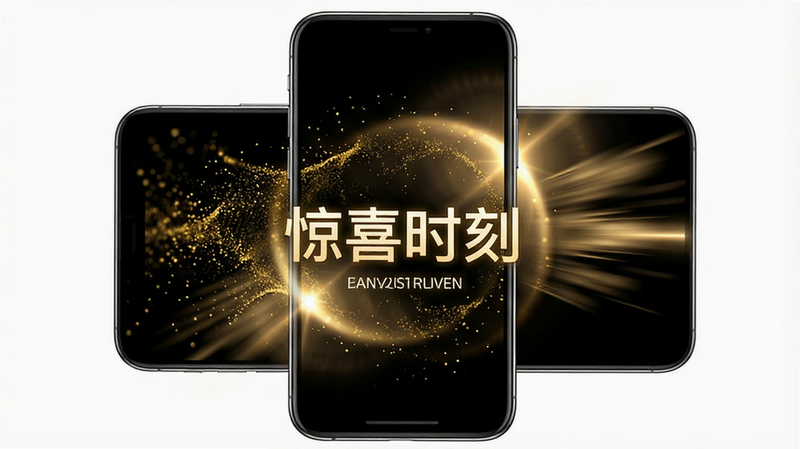 主体为手机屏幕全屏特效展示,背景为纯黑以突出特效,布局充满整个画面,排版无边界,风格写实光影,细节包含金色粒子、光晕扩散、动态模糊效果,画质超清,干净背景,无多余元素,文字“惊喜时刻”淡入