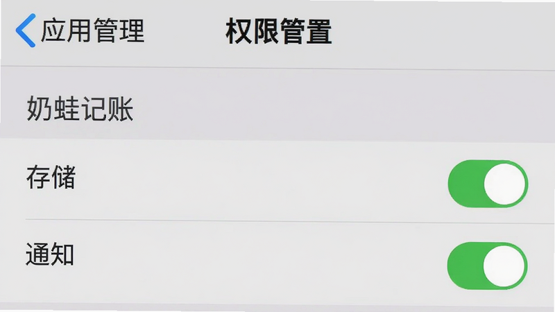 手机设置界面截图,显示“应用管理”中“奶蛙记账”的权限设置页面,重点高亮“存储”和“通知”权限开关为开启状态,背景为浅灰色,布局清晰,风格标准系统UI,细节准确,画质清晰,文字显示