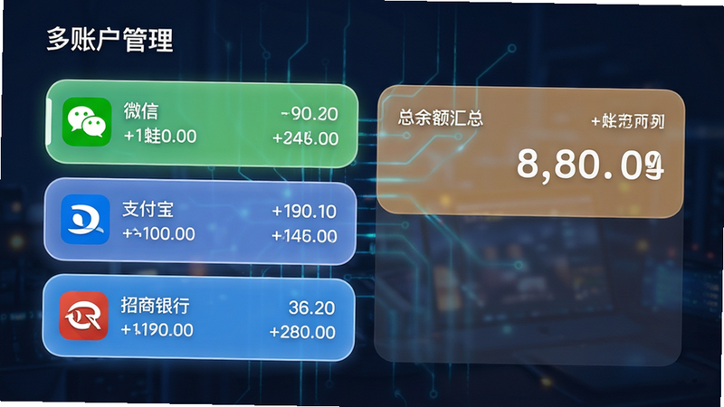 奶蛙记账的多账户管理界面预览,左侧列表显示“微信”、“支付宝”、“招商银行”三个账户及对应余额,右侧显示总余额汇总,界面采用卡片式设计,边框圆润,配色清新,布局整齐,风格科技感与亲和力并存,细节精致,画质高清,文字显示