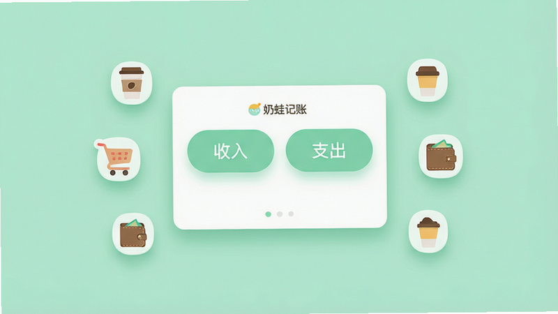 奶蛙记账APP界面全景展示,主体为柔和的薄荷绿背景,中央悬浮着白色卡片式记账界面,显示“收入”与“支出”两个大按钮,周围点缀着精致的扁平化小图标如咖啡杯、购物车、钱包等,布局清晰对称,排版简洁大气,风格清新治愈,细节处有柔和阴影增加层次感,画质高清,干净无多余元素,文字显示
