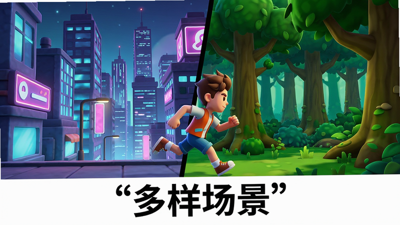 主体为游戏场景展示,布局采用分割构图,左侧为霓虹都市,右侧为绿色森林,中间角色奔跑,排版紧凑,风格为卡通渲染,细节丰富,色彩对比强烈,画质高清,干净,无多余元素,文字