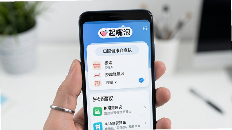 主体为安卓手机屏幕,显示应用界面,界面顶部有“起嘴泡”Logo,中间是口腔健康自查模块,底部为护理建议列表,布局清晰整洁,风格简约现代,细节丰富,画质高清,干净无多余元素