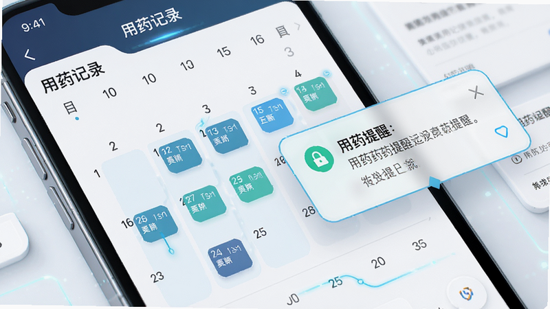 主体为应用内的“用药记录”界面,显示日历视图,标记了已用药日期,旁边有用药提醒通知弹窗,布局紧凑有序,风格科技感强,细节精致,画质清晰,干净无干扰元素