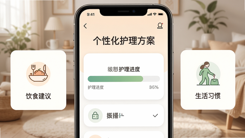主体为应用内的“个性化护理方案”页面,左侧显示饮食建议图标,右侧显示生活习惯图标,中间有清晰的进度条显示护理进度,排版工整,色彩柔和,风格温馨,细节清晰,画质极高,无杂乱背景