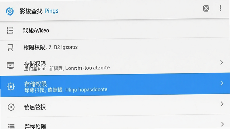 主体为“影梭查找”软件在安卓手机上的权限设置界面截图,布局为系统设置列表,高亮显示“存储权限”选项,风格写实,细节清晰,画质高清,无水印。
