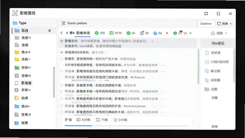 主体为“影梭查找”软件的文件索引界面,布局左侧为文件类型图标栏,右侧为实时更新的文档内容预览窗口,风格扁平化,色调以白色和浅灰为主,细节处显示扫描进度条,画质清晰,干净利落。