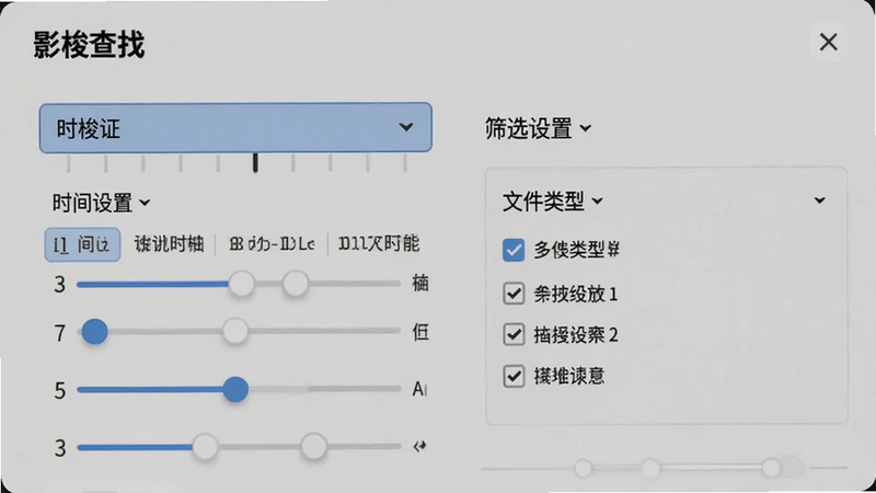 主体为“影梭查找”的筛选设置界面,布局为下拉菜单与滑块控件组合,展示时间轴选择器与文件类型多选框,风格简约,细节丰富,画质高清,无杂乱背景。