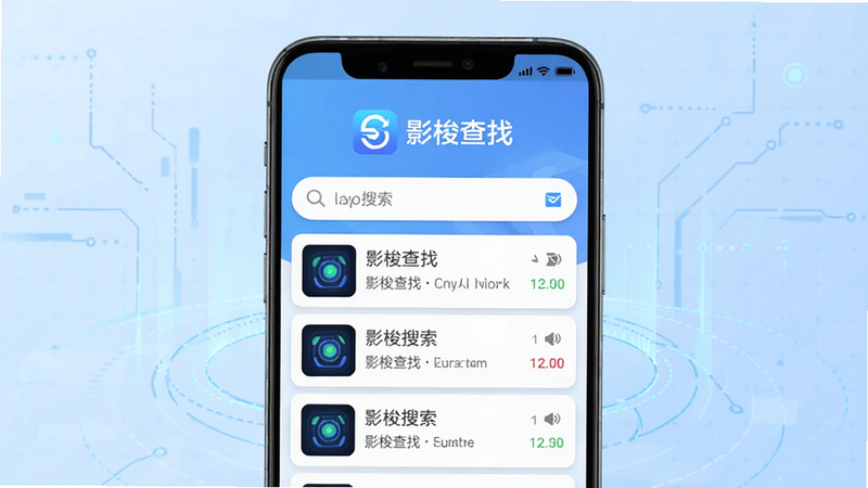 主体为一款名为“影梭查找”的安卓应用界面预览图,布局采用居中卡片式设计,顶部显示软件Logo及标题“影梭查找”,中部展示搜索框及实时搜索结果列表,背景为淡蓝色科技网格,风格简洁现代,细节清晰,画质高清,无多余装饰元素。