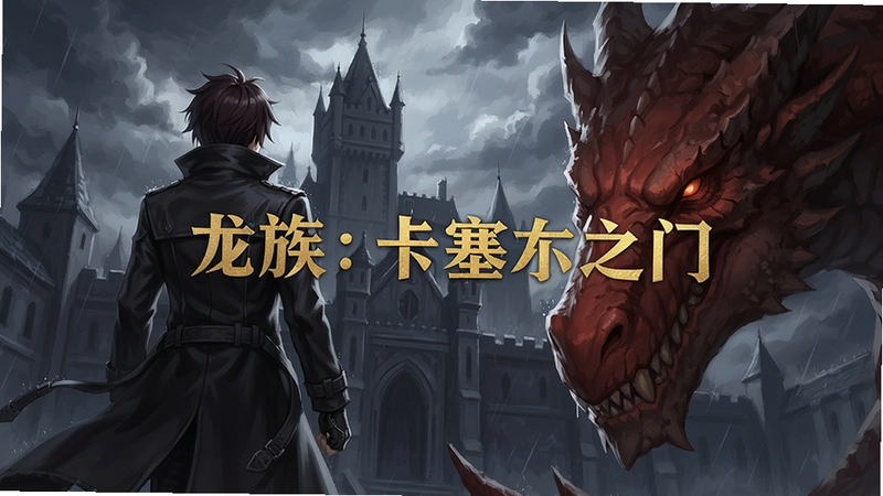 主体为《龙族:卡塞尔之门》游戏主视觉图,布局采用横向宽屏构图,左侧是身穿黑色风衣的主角路明非背影,右侧是巨大的红龙头部特写,背景是阴暗的卡塞尔学院城堡与暴雨云层,排版简洁大气,风格为高精度二次元厚涂,细节丰富,质感强烈,画质8K,干净无多余元素,文字