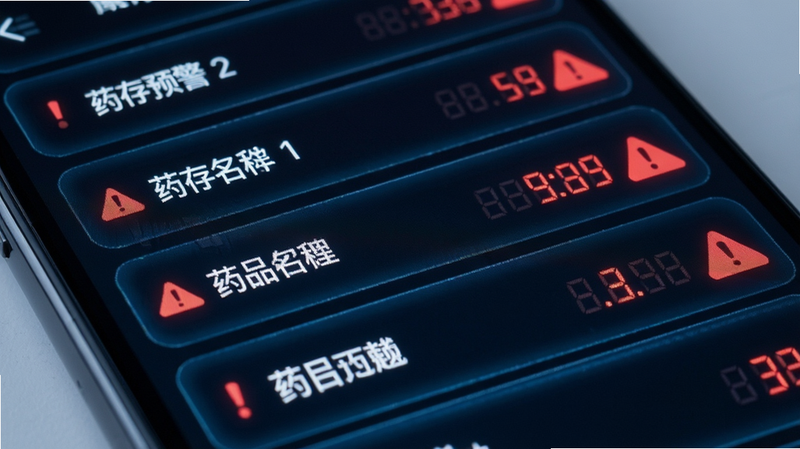 主体为手机界面特写,显示库存预警列表,布局为列表形式,每行显示药品名称与红色警示图标,排版紧凑,科技感风格,细节为数字高亮显示,高清画质,无多余装饰