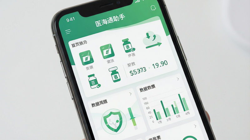 主体为智能手机屏幕显示“医海通助手”APP界面,布局清晰展示首页仪表盘与数据图表,排版整洁,扁平化设计风格,细节包含药品图标与绿色主色调,高清画质,干净无多余元素,文字清晰可见